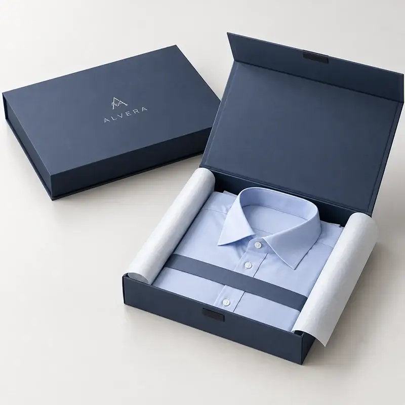 Flat rigid shirt boxes with magnetic closure